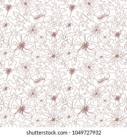 Abstract wildflowers seamless pattern. Hand drawn outline flowers in doodle line art style on white background. Floral vector texture for textile ditsy print, wallpaper, wrapping, scrapbooking, cards.