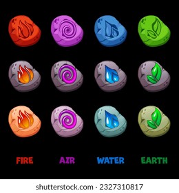 Resumen de Viento, Aire, Fuego, Agua, Diseño de Símbolo de Tierra sobre piedras para el concepto de juego o aplicación en diferentes colores. Iconos para juego de interfaz de usuario