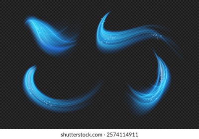 Abstract wind with sparkles. Vector realistic cold air effect, magic vortex, light twirls with particles. Shimmering breeze, glowing current or gust. Draft, whiff or blowing with flickering