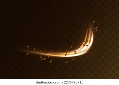 Abstract wind swirls with gold leaves and sparkles isolated. Realistic vector illustration set isolated on transparent background.