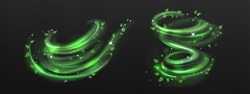 Abstract Wind Swirls With Green Leaves And Sparkles Isolated On Transparent Background. Vector Realistic Illustration Of Air Vortex And Wave With Flying Mint Leaves
