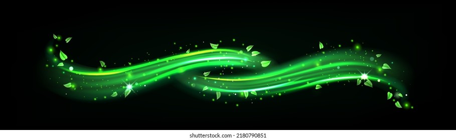 Abstract wind swirls with green leaves and sparkles isolated on transparent background. Vector realistic illustration of air vortex and wave with flying mint leaves