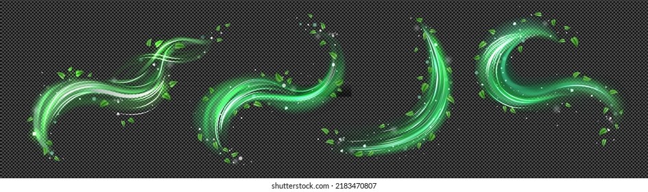 Abstract wind swirls with green leaves and sparkles isolated on transparent background. Vector realistic illustration of air vortex and wave with flying mint leaves