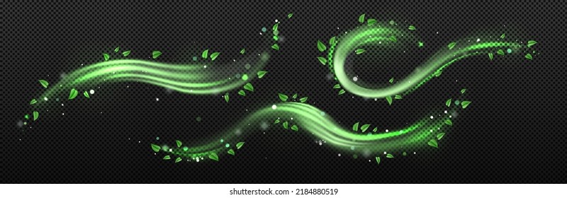Abstract wind swirls with green leaves and sparkles isolated on transparent background. Vector realistic illustration of air vortex and wave with flying mint leaves svg