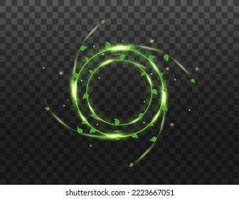 Abstract wind swirls with green leaves and sparkles isolated on transparent background. Vector realistic illustration of air vortex and wave with flying mint leaves. Vector illustration