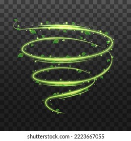 Abstract wind swirls with green leaves and sparkles isolated on transparent background. Vector realistic illustration of air vortex and wave with flying mint leaves. Vector illustration