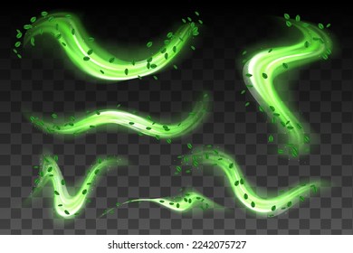 Abstract wind swirls with green leaves and sparkles isolated. Vector realistic set of magic air vortex, light twirls with particles. Design element of fresh and clean