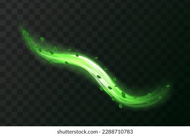 Abstract wind swirls with green leaves and sparkles isolated. Vector realistic set of magic air vortex, light twirls with particles. Design element of fresh and clean