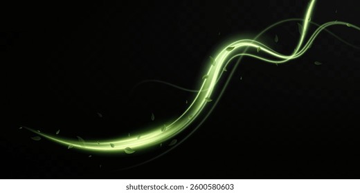 Abstract wind swirls with green leaves and sparkles isolated on transparent background.