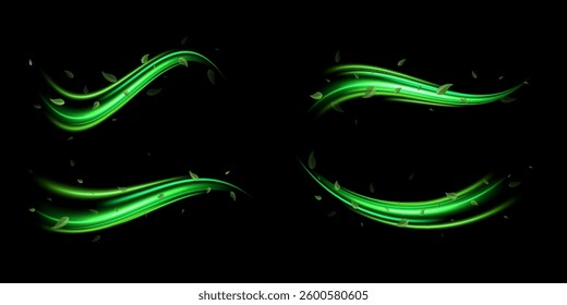 Abstract wind swirls with green leaves and sparkles isolated on transparent background.