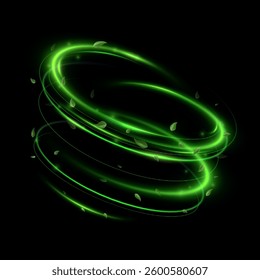Abstract wind swirls with green leaves and sparkles isolated on transparent background.