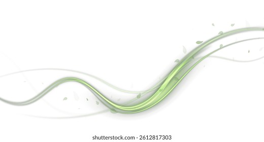Abstract wind swirls with green leaves and sparkles isolated on transparent background.