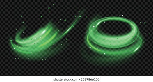 Abstract wind swirls with green leaves and sparkles isolated on transparent background. Vector realistic illustration of air vortex and wave with flying mint leaves
