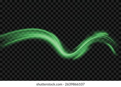 Abstract wind swirls with green leaves and sparkles isolated on transparent background. Vector realistic illustration of air vortex and wave with flying mint leaves