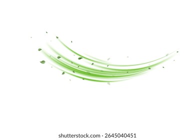 Abstract wind swirls with green leaves and glitter isolated on white background.