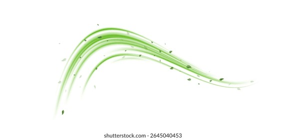 Abstract wind swirls with green leaves and glitter isolated on white background.