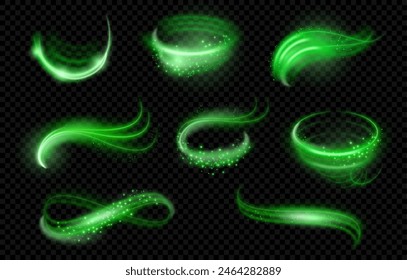 Abstract wind swirls with mint leaves and sparkles. Vector realistic air vortex and waves, curved lines with tiny pieces of flying foliage. Bright rays of light glowing energy and twinkles