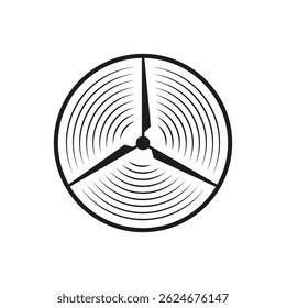 Symbole rond d'éolienne en Abstrait avec lignes de mouvement circulaires et conception d'hélice à trois pales, emblème minimal représentant l'énergie renouvelable, la durabilité, la technologie et la rotation dynamique.