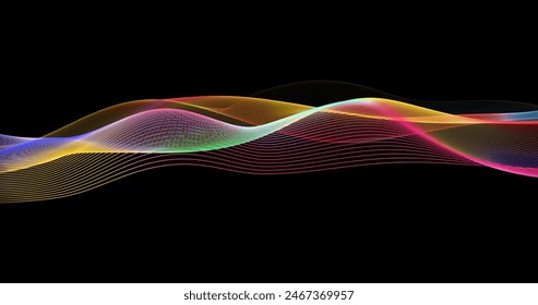 Abstract winding lines of different colors on a black background. Vector illustration in concept technology, science, music, modernity.