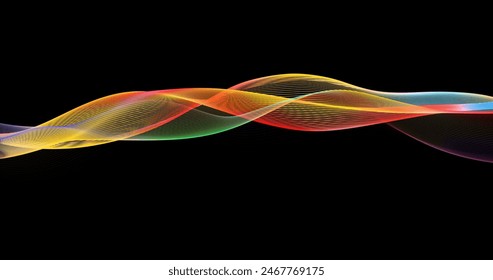 Abstract winding lines of different colors on a black background. Vector illustration in concept technology, science, music, modernity.