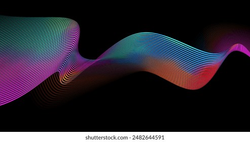 Abstract winding lines of different colors on a black background. Vector illustration in concept technology, science, music, modernity.