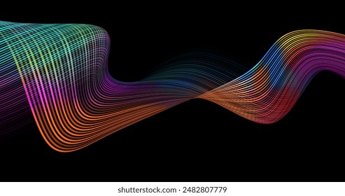 Abstract winding lines of different colors on a black background. Vector illustration in concept technology, science, music, modernity.