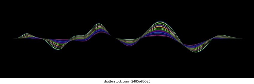 Abstract winding lines of different colors on a black background. Vector illustration in concept technology, science, music, modernity.