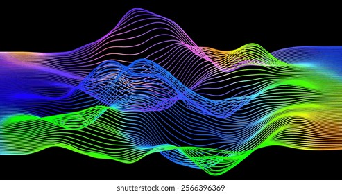 Abstract winding lines of different colors on a black background. Vector illustration in concept technology, science, music, modernity.