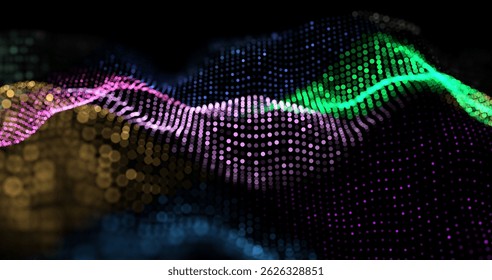 Abstract winding lines of different colors on a black background. Vector illustration in concept technology, science, music, modernity.