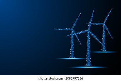 Abstract windmill. Generator from wind power. Digital low poly wireframe style design with connection points. vector illustration