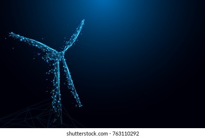 Abstract windmills from lines and triangles, point connecting network on blue background. Illustration vector