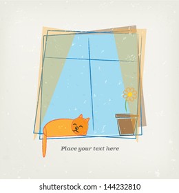 Abstract window with cat and flower. Vector