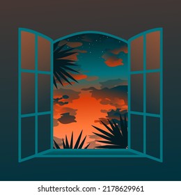 Abstract window with sunset, clouds and palm leaves. Abstract Birthday Greeting Card, Travel Agency Poster Template, Shop Advertising