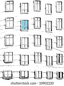 abstract windows on a funny building with one different window