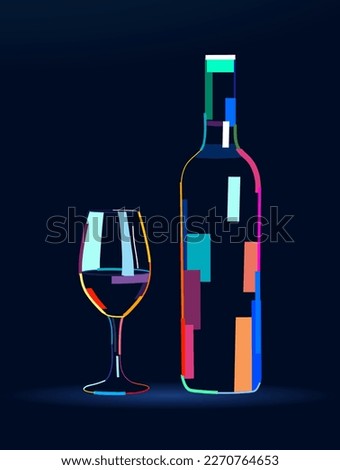 Abstract wine bottle with glass from multicolored paints. Colored drawing. Vector illustration of paints