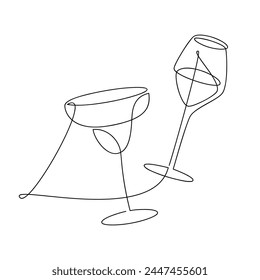 Abstract wine champagne cocktail glass set line continuous drawing. Hand drawn drink vector illustration. Linear silhouette. Minimal print, banner, card, bar wall art poster, menu, logo, sketch