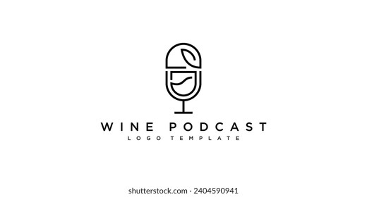 Abstract Wine Podcast Logo. Wineglass and Microphone Podcast with Linear Style. Wine Logo Design Template.