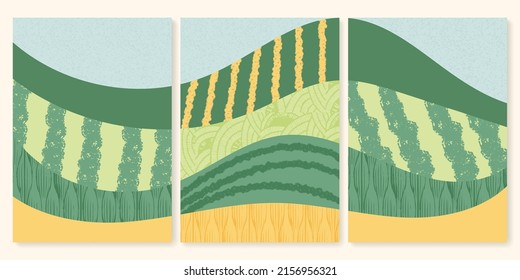 Abstract wineyard farm field pattern vector illustration. Vineyard green landscape with texture. Set of vine valley poster. Viticulture vintage background. Eco card clipart, organic farmland view