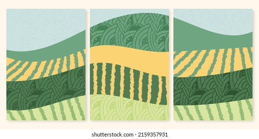 Resumen de la ilustración vectorial del patrón de campo de viñas. Paisaje verde vitícola con textura. Cartel del conjunto de valles de la vid. Viticultura de fondo vintage. Clipart de la tarjeta ecológica, vista de las tierras de cultivo orgánicas