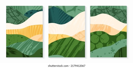 Abstract wineyard farm field pattern vector illustration. Vineyard green landscape with texture. Set of vine valley poster. Viticulture vintage background. Eco card clipart, organic farmland view