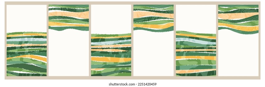 Abstract wineyard farm field pattern vector illustration. Vineyard green landscape with texture. Set of vine valley poster. Viticulture vintage background. Eco card clipart, organic farmland view