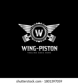 Abstract Wing, Gear and Piston Logo - Automotive Club Initial Letter Emblem - Motor Racing Team Symbol - Auto Spare Part and Service Vector - Abstract Engine Illustration