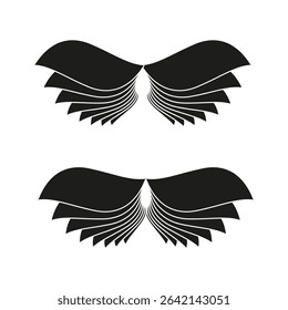 Abstract wing icon. Curved feather structure. Black vector shape. Symmetrical graphic form.