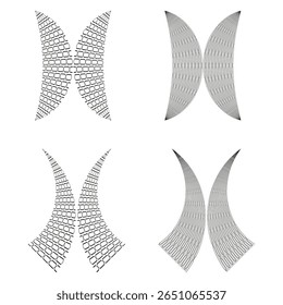 Abstract wing shapes. Textured graphic elements. Symmetrical vector forms. Stylized feather illustration.