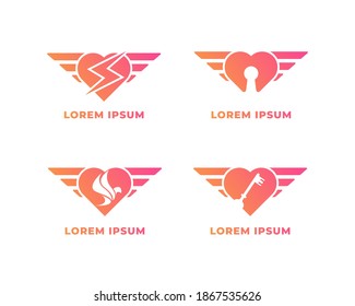 Abstract winged heart logo with flash, key, key hole, and bird icon in the middles