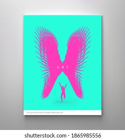 Abstract wings fly over a man. Idea inspiration concept. Creative fantasy freedom. Cover design template. 3d vector illustration.