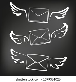 abstract wings with nvelope, letter sketch set icon collection cartoon hand drawn vector illustration sketch, drawn in chalk on a black Board