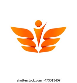 Abstract wings with person silhouette vector logo, concept of freedom, healthcare, coat of arms logotype isolated on white background