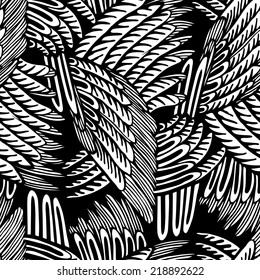 Abstract wings and seamless pattern. Black and white