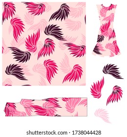 Abstract wings and seamless pattern.  Vector baroque elements. Dress with 
summer print.  
Beige background, red and pink elements. - Vector. 